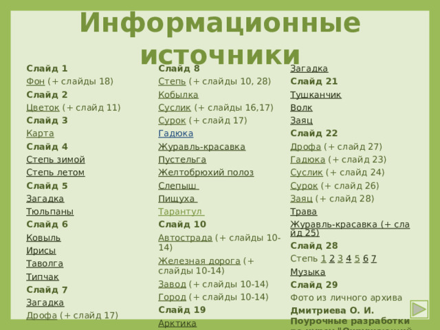 Информационные источники Слайд 1 Фон  (+ слайды 18) Слайд 8 Степь  (+ слайды 10, 28) Загадка Слайд 2 Кобылка  Цветок  (+ слайд 11) Слайд 21 Слайд 3 Суслик  (+ слайды 16,17) Тушканчик Карта Волк Сурок  (+ слайд 17) Слайд 4 Гадюка  Заяц Журавль-красавка Слайд 22 Степь зимой Дрофа  (+ слайд 27) Степь летом Пустельга Желтобрюхий полоз Гадюка  (+ слайд 23) Слайд 5 Суслик  (+ слайд 24) Слепыш Загадка Сурок  (+ слайд 26) Тюльпаны Пищуха Тарантул  Заяц  (+ слайд 28) Слайд 6 Ковыль Слайд 10 Трава Ирисы Автострада  (+ слайды 10-14) Журавль-красавка (+ слайд 25) Железная дорога  (+ слайды 10-14) Слайд 28 Таволга Типчак Степь 1  2  3  4  5  6  7  Завод  (+ слайды 10-14) Музыка Слайд 7 Город  (+ слайды 10-14) Загадка Слайд 29 Слайд 19 Фото из личного архива Дрофа  (+ слайд 17) Арктика Слайд 20 Дмитриева О. И. Поурочные разработки по курсу 