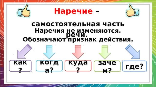Наречие  – самостоятельная часть речи. Наречия не изменяются. Обозначают признак действия. как? когда? куда? зачем? где? 