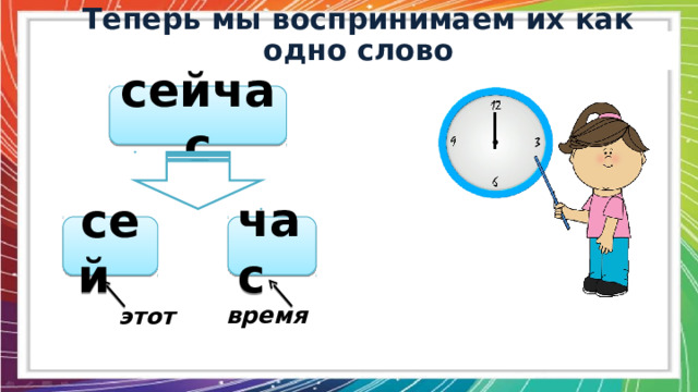  Теперь мы воспринимаем их как одно слово  сейчас час сей время этот 