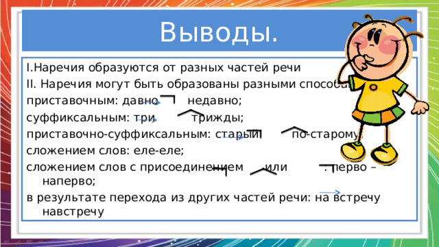 Выводы. I .Наречия образуются от разных частей речи II . Наречия могут быть образованы разными способами: приставочным: давно недавно; суффиксальным: три трижды; приставочно-суффиксальным: старый по-старому; сложением слов: еле-еле; сложением слов с присоединением или : перво – наперво; в результате перехода из других частей речи: на встречу навстречу 