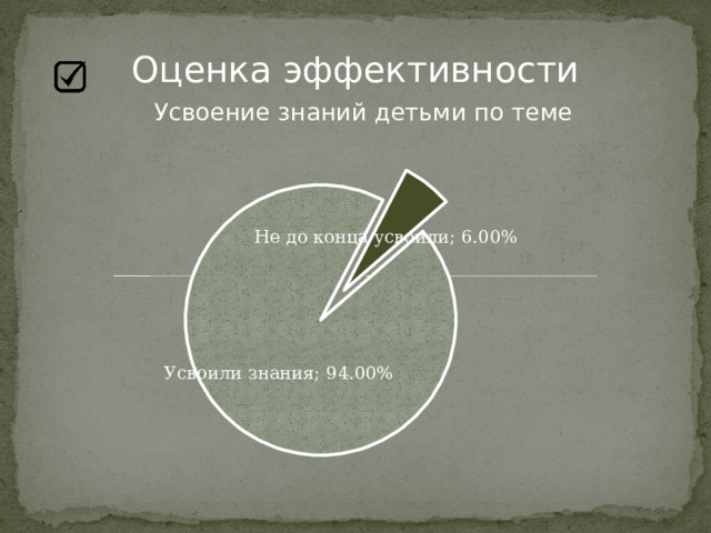 Оценка эффективности Усвоение знаний детьми по теме 