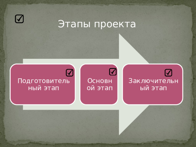 Этапы проекта Подготовительный этап Основной этап Заключительный этап 