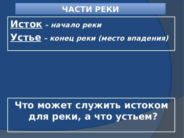 ЧАСТИ РЕКИ Исток  – начало реки Устье – конец реки (место впадения) Что может служить истоком для реки, а что устьем? 