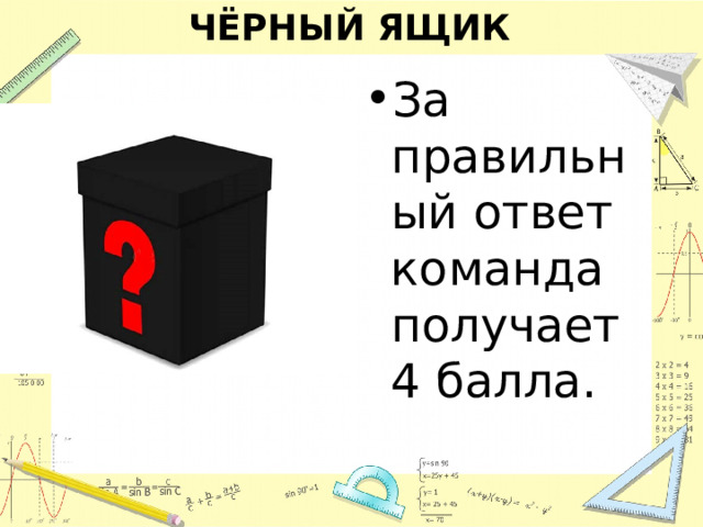 ЧЁРНЫЙ ЯЩИК За правильный ответ команда получает 4 балла. 