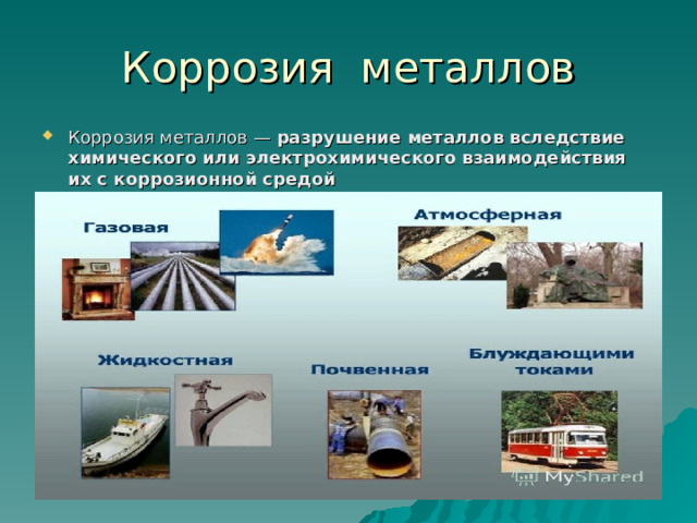 Коррозия металлов —  разрушение металлов вследствие химического или электрохимического взаимодействия их с коррозионной средой  