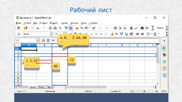 Рабочий лист A, B, … Z, AA, AB … C3 1, 2, 3 … B5 