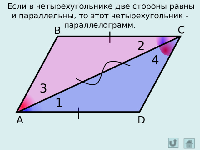   Если в четырехугольнике две стороны равны и параллельны, то этот четырехугольник - параллелограмм. С В 2 4 3 1 D А 