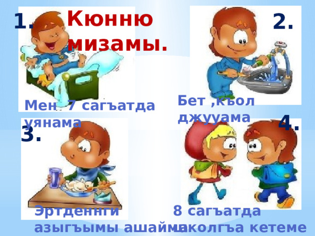Кюнню мизамы.   1. 2. Бет ,къол джууама    Мен 7 сагъатда уянама    4. 3. 1.  1 Эртденнги азыгъымы ашайма 8 сагъатда школгъа кетеме   