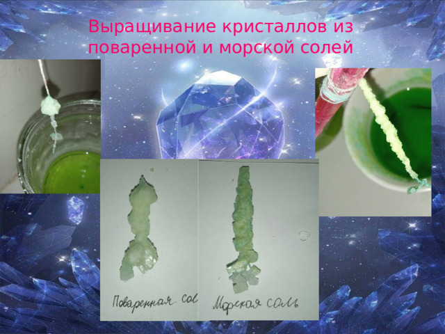 Выращивание кристаллов из поваренной и морской солей 