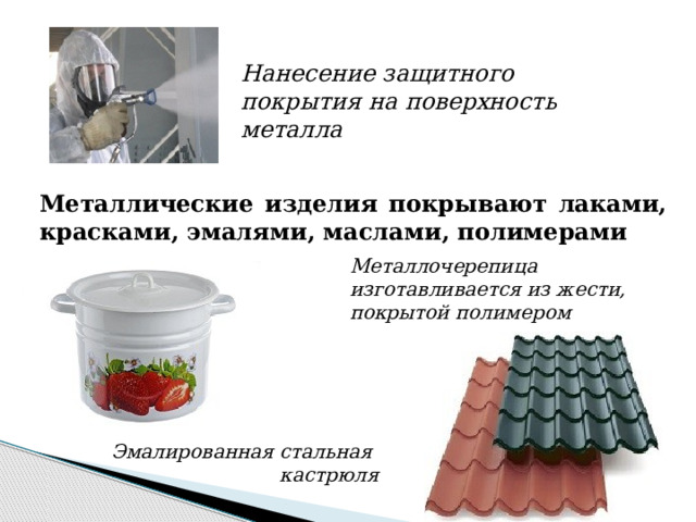 Нанесение защитного покрытия на поверхность металла Металлические изделия покрывают лаками, красками, эмалями, маслами, полимерами Металлочерепица изготавливается из жести, покрытой полимером Эмалированная стальная кастрюля 