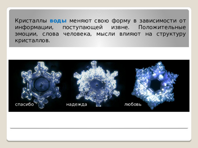 Кристаллы воды меняют свою форму в зависимости от информации, поступающей извне. Положительные эмоции, слова человека, мысли влияют на структуру кристаллов.          спасибо надежда любовь  