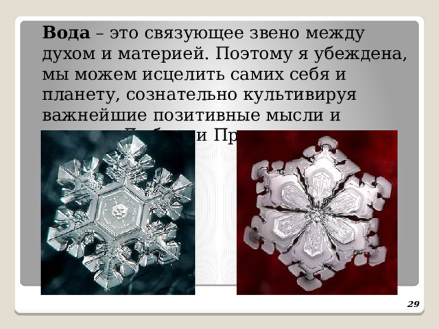  Вода – это связующее звено между духом и материей. Поэтому я убеждена, мы можем исцелить самих себя и планету, сознательно культивируя важнейшие позитивные мысли и чувства: Любовь и Признательность.   