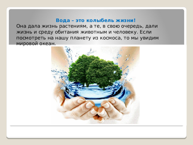          Вода – это колыбель жизни! Она дала жизнь растениям, а те, в свою очередь, дали жизнь и среду обитания животным и человеку. Если посмотреть на нашу планету из космоса, то мы увидим мировой океан. 