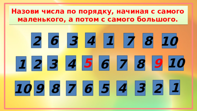 Назови числа по порядку, начиная с самого маленького, а потом с самого большого. 6 4 1 8 3 7 2 10 5 10 9 8 4 3 6 7 1 2 1 3 4 9 8 2 5 6 10 7 