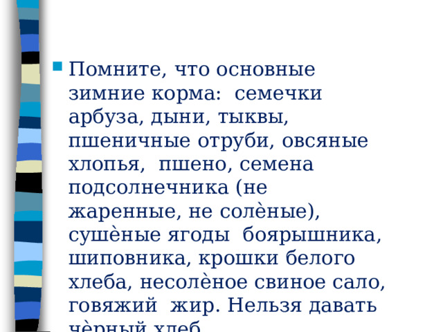 Помните,  что  основные  зимние  корма:  семечки арбуза, дыни, тыквы,  пшеничные отруби, овсяные хлопья,  пшено,  семена  подсолнечника  (не жаренные, не солѐные), сушѐные ягоды  боярышника,  шиповника,  крошки  белого  хлеба, несолѐное свиное сало, говяжий жир. Нельзя давать  чѐрный  хлеб 