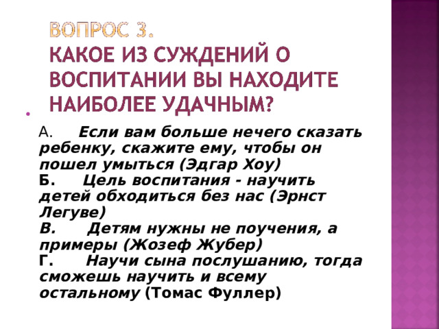  А. Если вам больше нечего сказать ребенку, скажите ему, чтобы он пошел умыться (Эдгар Хоу)  Б. Цель воспитания - научить детей обходиться без нас (Эрнст Легуве)  В. Детям нужны не поучения, а примеры (Жозеф Жубер)  Г. Научи сына послушанию, тогда сможешь научить и всему остальному (Томас Фуллер) 