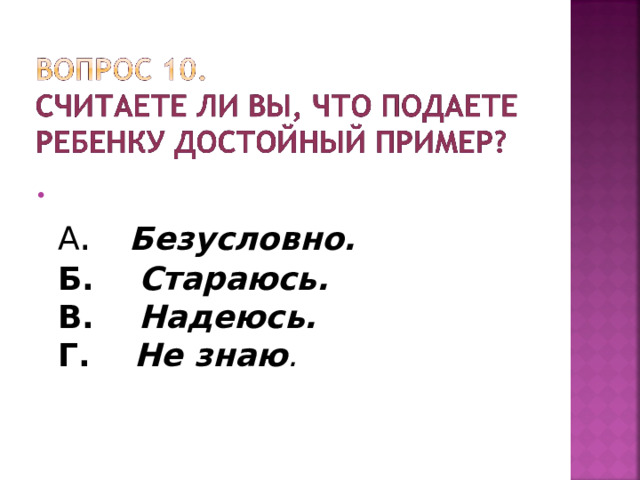  А . Безусловно.  Б. Стараюсь.  В. Надеюсь.  Г. Не знаю . 