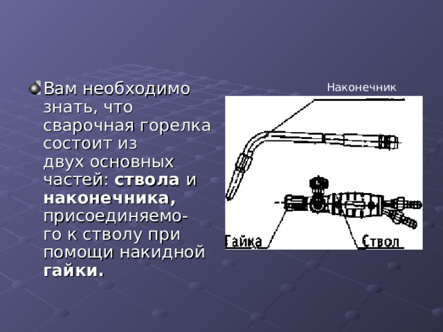 Наконечник Вам необходимо знать, что  сварочная горелка состоит из  двух основных частей: ствола и  наконечника, присоединяемо-  го к стволу при помощи накидной гайки. 