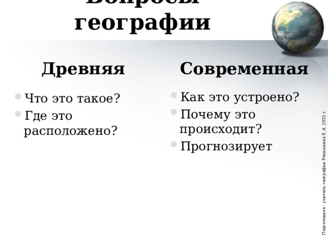 Подготовила : учитель географии Рахманина Е.А. 2022 г Вопросы географии Древняя Современная Как это устроено? Почему это происходит? Прогнозирует Что это такое? Где это расположено? 