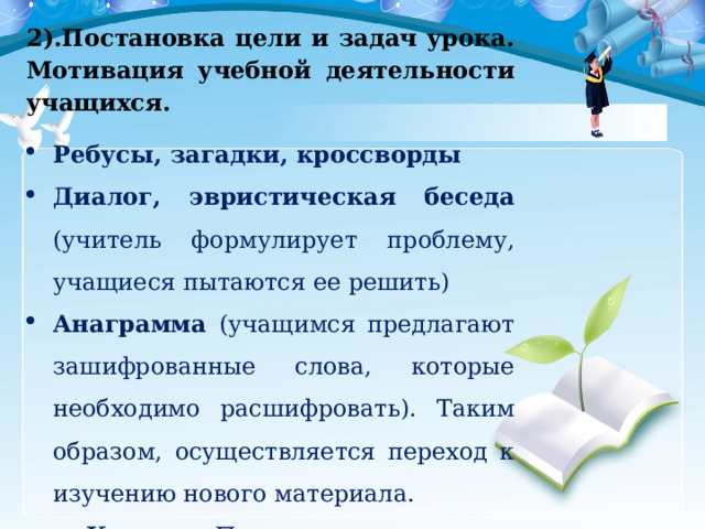 2).Постановка цели и задач урока. Мотивация учебной деятельности учащихся. Ребусы, загадки, кроссворды Диалог, эвристическая беседа (учитель формулирует проблему, учащиеся пытаются ее решить) Анаграмма (учащимся предлагают зашифрованные слова, которые необходимо расшифровать). Таким образом, осуществляется переход к изучению нового материала.  Кластер. Пример. 