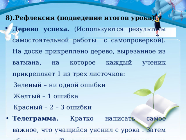 8).Рефлексия (подведение итогов урока) Дерево успеха. (Используются результаты самостоятельной работы с самопроверкой) . На доске прикреплено дерево, вырезанное из ватмана, на которое каждый ученик прикрепляет 1 из трех листочков:  Зеленый – ни одной ошибки  Желтый – 1 ошибка  Красный – 2 – 3 ошибки Телеграмма. Кратко написать самое важное, что учащийся уяснил с урока . Затем обменяться «Телеграммами» с соседом по парте. 