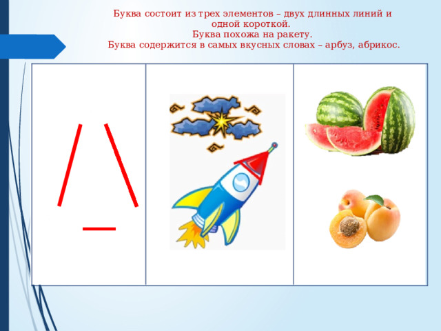 Буква состоит из трех элементов – двух длинных линий и одной короткой.  Буква похожа на ракету.  Буква содержится в самых вкусных словах – арбуз, абрикос.           