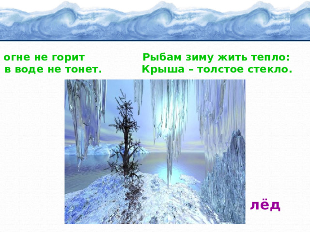 В огне не горит Рыбам зиму жить тепло: И в воде не тонет. Крыша – толстое стекло.  лёд 