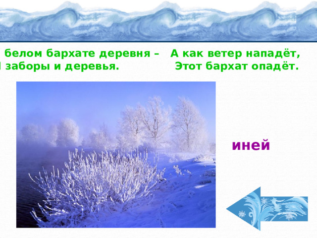 В белом бархате деревня – А как ветер нападёт, И заборы и деревья. Этот бархат опадёт.  иней 