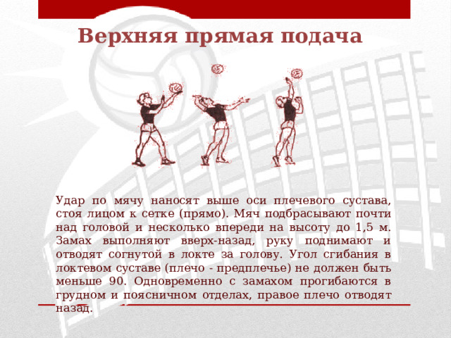 Верхняя прямая подача Удар по мячу наносят выше оси плечевого сустава, стоя лицом к сетке (прямо). Мяч подбрасывают почти над головой и несколько впереди на высоту до 1,5 м. Замах выполняют вверх-назад, руку поднимают и отводят согнутой в локте за голову. Угол сгибания в локтевом суставе (плечо - предплечье) не должен быть меньше 90. Одновременно с замахом прогибаются в грудном и поясничном отделах, правое плечо отводят назад. 