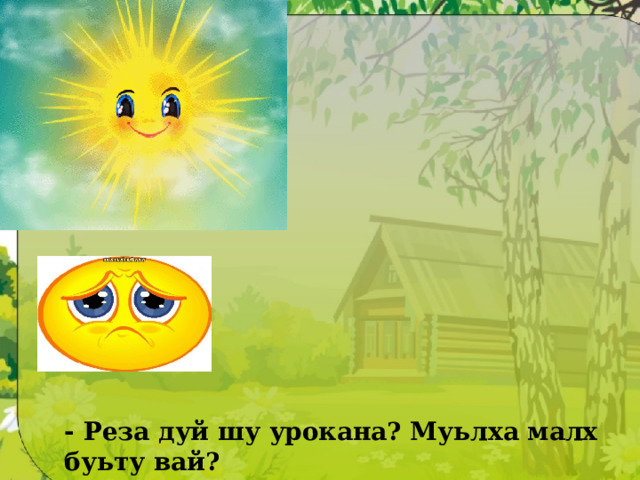 - Реза дуй шу урокана? Муьлха малх буьту вай? 