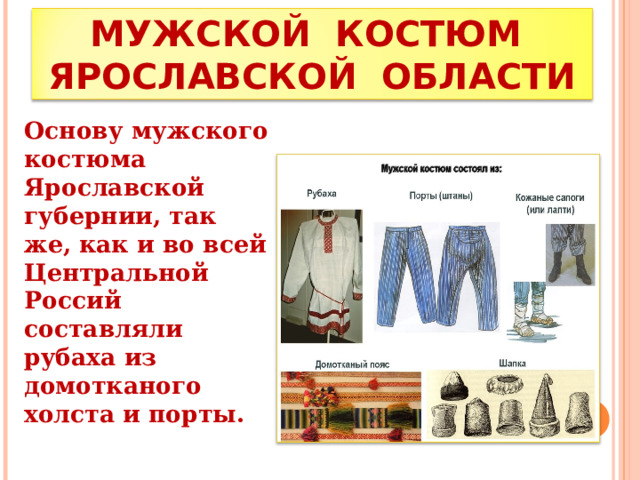 МУЖСКОЙ КОСТЮМ ЯРОСЛАВСКОЙ ОБЛАСТИ Основу мужского костюма Ярославской губернии, так же, как и во всей Центральной Россий составляли рубаха из домотканого холста и порты. 