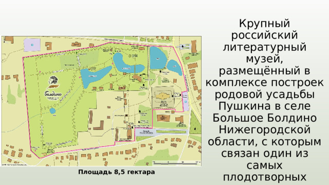 Крупный российский литературный музей, размещённый в комплексе построек родовой усадьбы Пушкина в селе Большое Болдино Нижегородской области, с которым связан один из самых плодотворных периодов творчества поэта, «Болдинская осень» (сентябрь-ноябрь 1830 года).  Площадь 8,5 гектара 