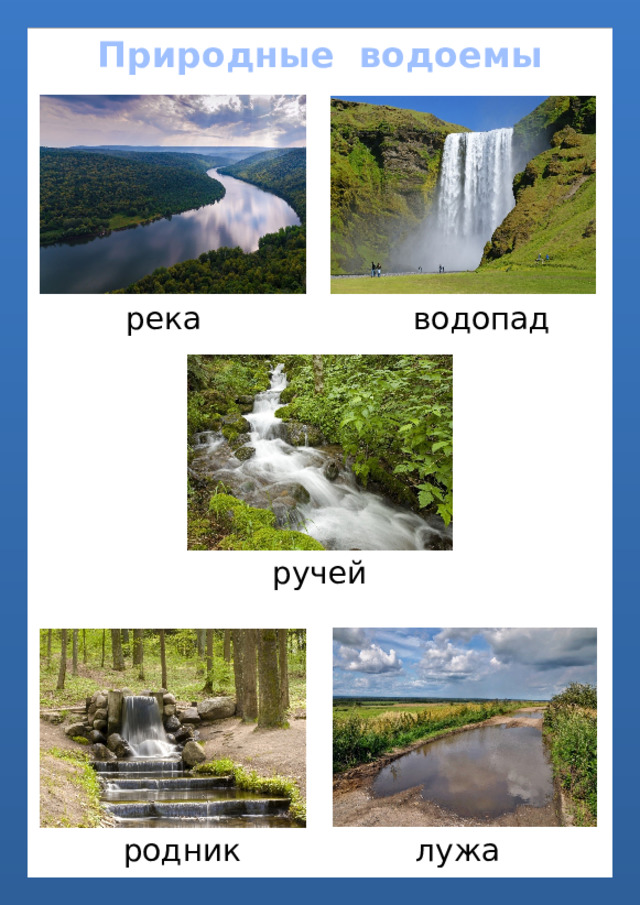 Природные водоемы водопад река ручей лужа родник 