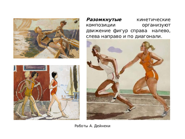 Разомкнутые  кинетические  композиции  организуют движение фигур  справа налево,  слева направо  и по  диагонали. Работы А. Дейнеки 