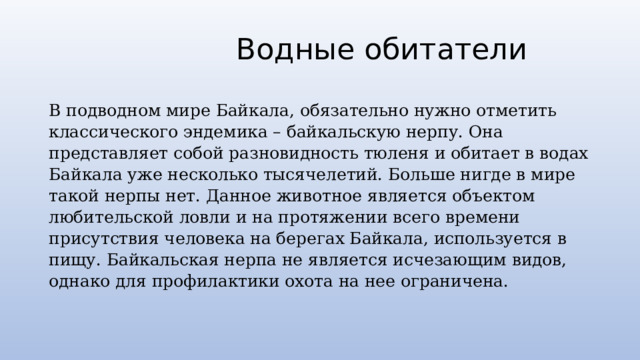  Водные обитатели   В подводном мире Байкала, обязательно нужно отметить классического эндемика – байкальскую нерпу. Она представляет собой разновидность тюленя и обитает в водах Байкала уже несколько тысячелетий. Больше нигде в мире такой нерпы нет. Данное животное является объектом любительской ловли и на протяжении всего времени присутствия человека на берегах Байкала, используется в пищу. Байкальская нерпа не является исчезающим видов, однако для профилактики охота на нее ограничена. 