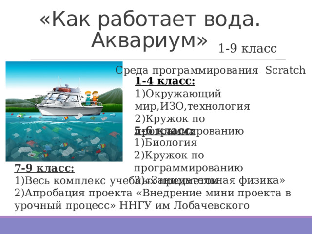 «Как работает вода. Аквариум» 1-9 класс Среда программирования Scratch 1-4 класс: 1)Окружающий мир,ИЗО,технология 2)Кружок по программированию 5-6 класс: 1)Биология 2)Кружок по программированию 3)«Занимательная физика» 7-9 класс: 1)Весь комплекс учебных предметов 2)Апробация проекта «Внедрение мини проекта в урочный процесс» ННГУ им Лобачевского 