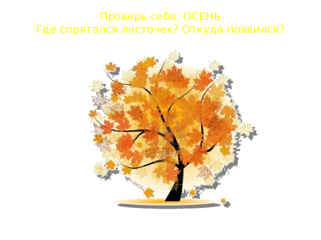 Проверь себя: ОСЕНЬ  Где спрятался листочек? Откуда появился? 
