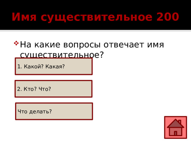 Имя существительное 200 На какие вопросы отвечает имя существительное? 1. Какой? Какая? 2. Кто? Что? Что делать? 