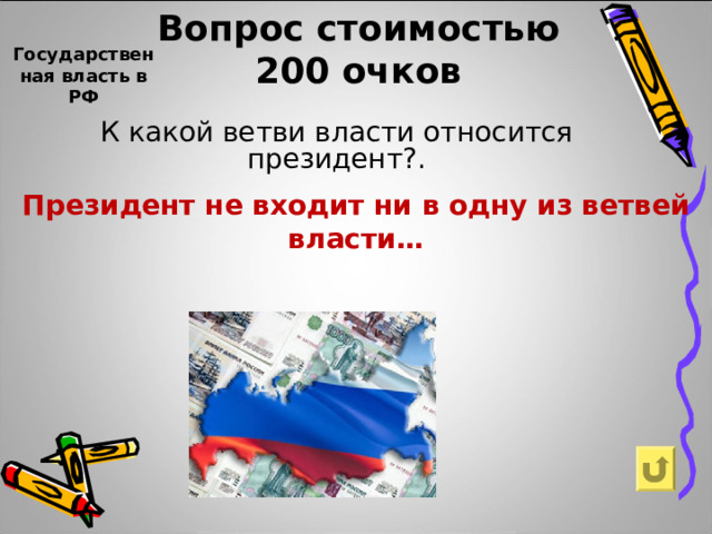 Вопрос стоимостью  200 очков    Государственная власть в РФ К какой ветви власти относится президент?. Президент не входит ни в одну из ветвей власти…  