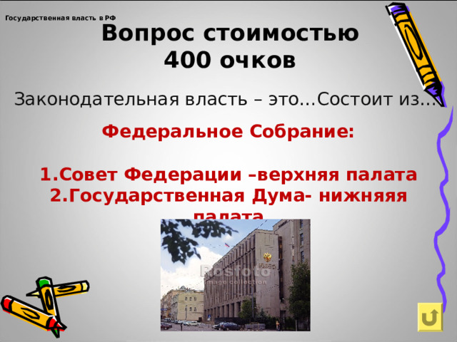 Вопрос стоимостью  400 очков Государственная власть в РФ   Законодательная власть – это…Состоит из… Федеральное Собрание:  Совет Федерации –верхняя палата Государственная Дума- нижняяя палата    
