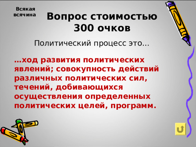 Всякая всячина  Вопрос стоимостью 300 очков Политический процесс это… … ход развития политических явлений; совокупность действий различных политических сил, течений, добивающихся осуществления определенных политических целей, программ. 