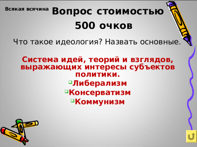  Вопрос  стоимостью  500  очков Всякая всячина    Что такое идеология? Назвать основные. Система идей, теорий и взглядов, выражающих интересы субъектов политики. Либерализм Консерватизм Коммунизм  