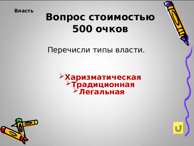 Вопрос  стоимостью  500  очков Власть    Перечисли типы власти. Харизматическая Традиционная Легальная 