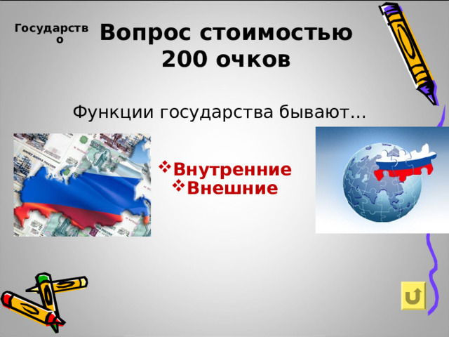 Вопрос стоимостью  200 очков Государство      Функции государства бывают… Внутренние Внешние   