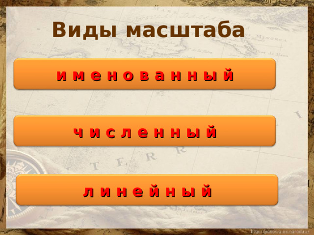 Виды масштаба  и м е н о в а н н ы й ч и с л е н н ы й л и н е й н ы й 