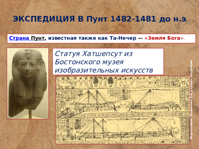 Подготовила: Рахманина Е.А, учитель географии ЭКСПЕДИЦИЯ В Пунт 1482-1481 до н.э Страна Пунт , известная также как Та-Нечер  — «Земля Бога ». Статуя Хатшепсут из Бостонского музея изобразительных искусств 