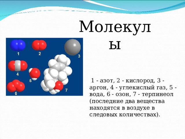  Молекулы  1 - азот, 2 - кислород, 3 - аргон, 4 - углекислый газ, 5 - вода, 6 - озон, 7 - терпинеол (последние два вещества находятся в воздухе в следовых количествах). 