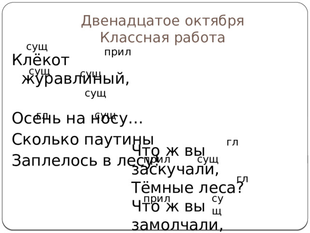 Двенадцатое октября  Классная работа сущ прил Клёкот журавлиный, Осень на носу… Сколько паутины Заплелось в лесу! сущ сущ сущ гл сущ гл Что ж вы заскучали, Тёмные леса? Что ж вы замолчали, Птичьи голоса? прил сущ гл прил сущ 