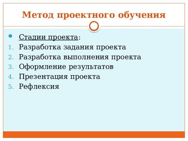 Метод проектного обучения Стадии проекта : Разработка задания проекта Разработка выполнения проекта Оформление результатов Презентация проекта Рефлексия 