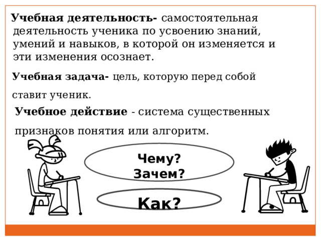  Учебная деятельность- самостоятельная деятельность ученика по усвоению знаний, умений и навыков, в которой он изменяется и эти изменения осознает. Учебная задача- цель, которую перед собой ставит ученик.   Учебное действие - система существенных признаков понятия или алгоритм. Чему? Зачем? Как? 